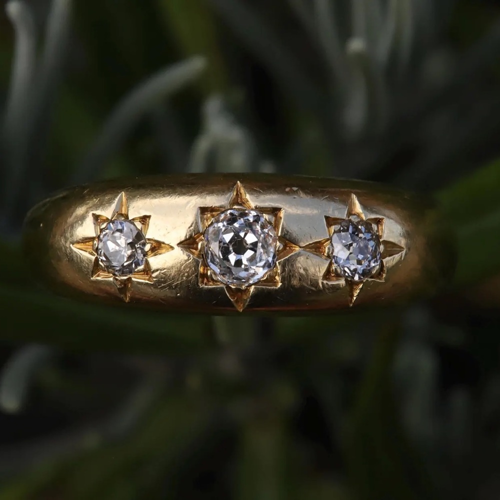 heavy antique 18k starburst gypsy ring natural old mine cut diamonds solid gold
